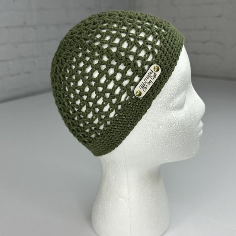 Created by Cyd Juliet Olive Green Crochet Cap Beanie Open Weave Handmade NEW